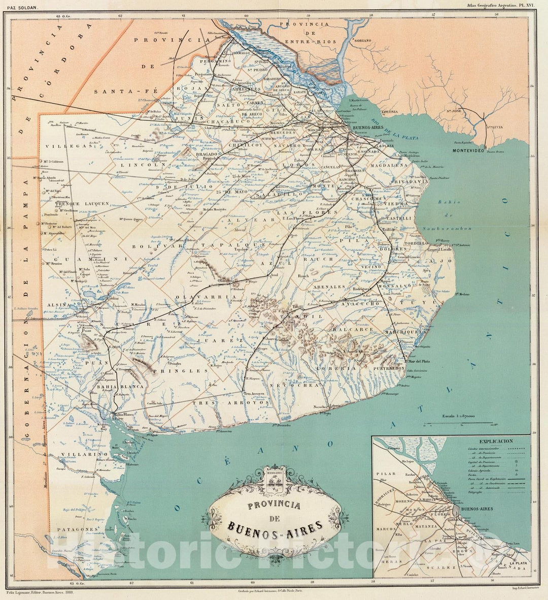 Historic Map : Argentina, Buenos Aires (Argentina : Province) 1888 Provincia de Buenos-Aires. , Vintage Wall Art