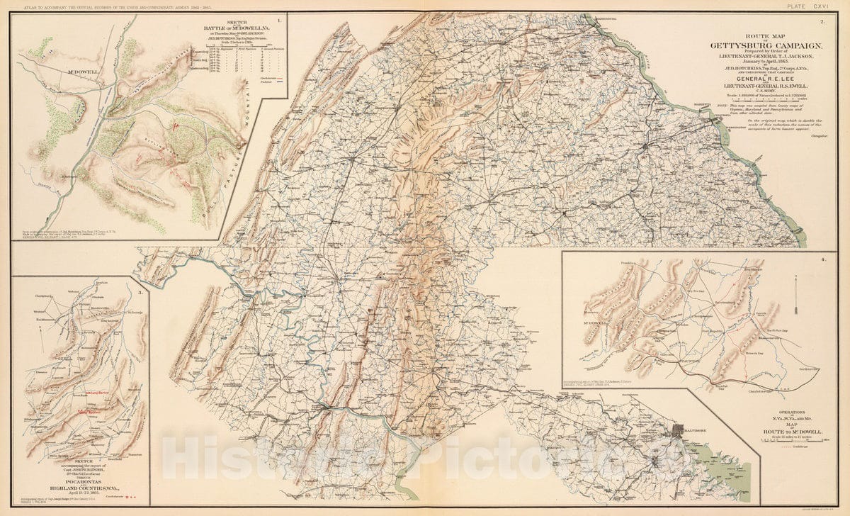 Historic Map : Military Atlas - 1895 Route, Gettysburg campaign. - Vintage Wall Art