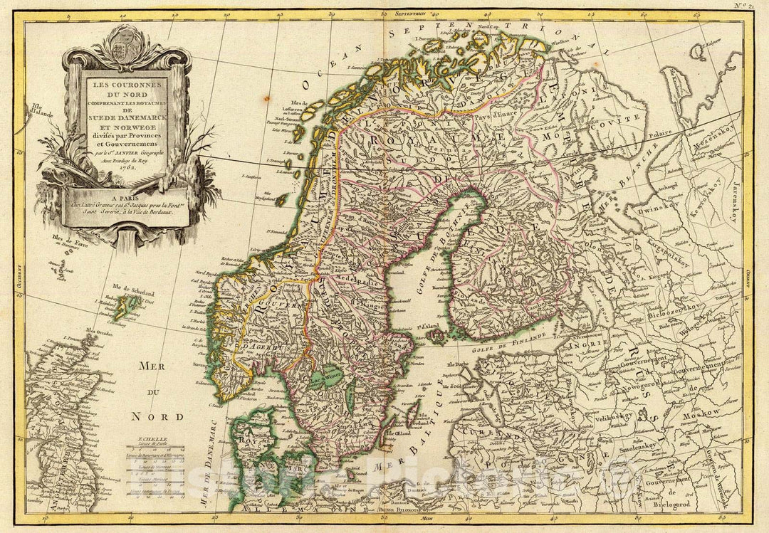 Historic Map : Norway; Sweden, Scandinavia 1762 Suede, Danemarck et Norwege. , Vintage Wall Art