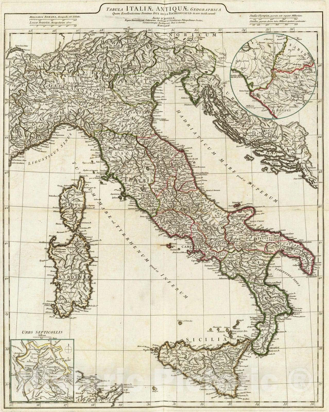 Historic Map : Italy; Slovenia , Rome (Italy), Corsica 1764 Tabula Italiae Antiquae geographica. , Vintage Wall Art