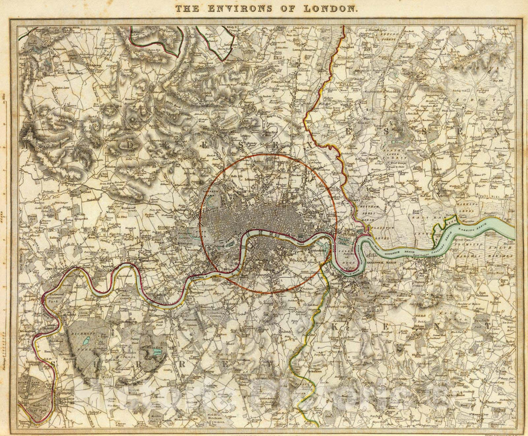 Historic Map : England , London (England), Region (England) 1832 London environs. , Vintage Wall Art