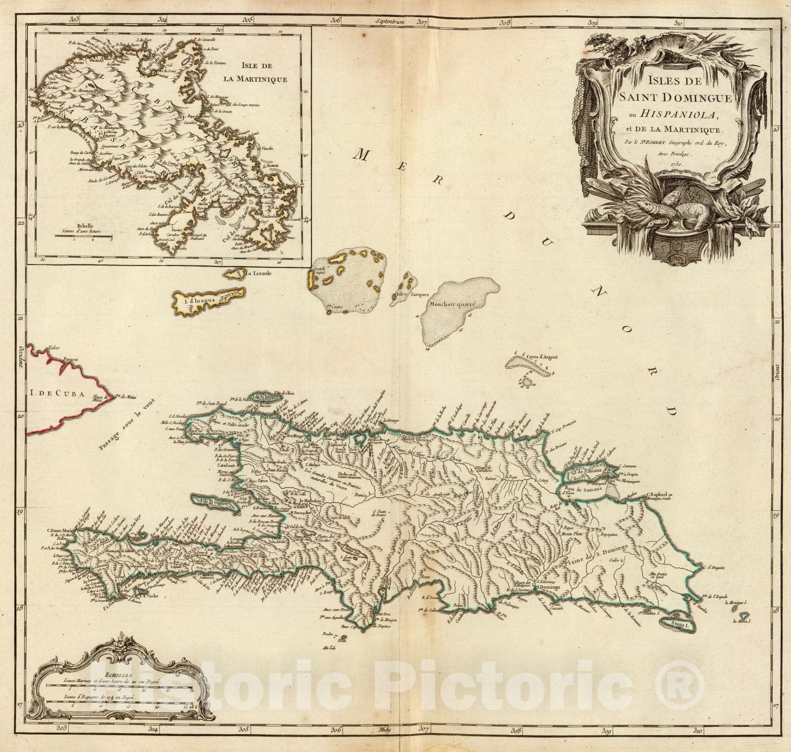 Historic Map : Dominican Republic; Haiti, Hispaniola 1750 Saint Domingue ou Hispaniola, Martinique. , Vintage Wall Art