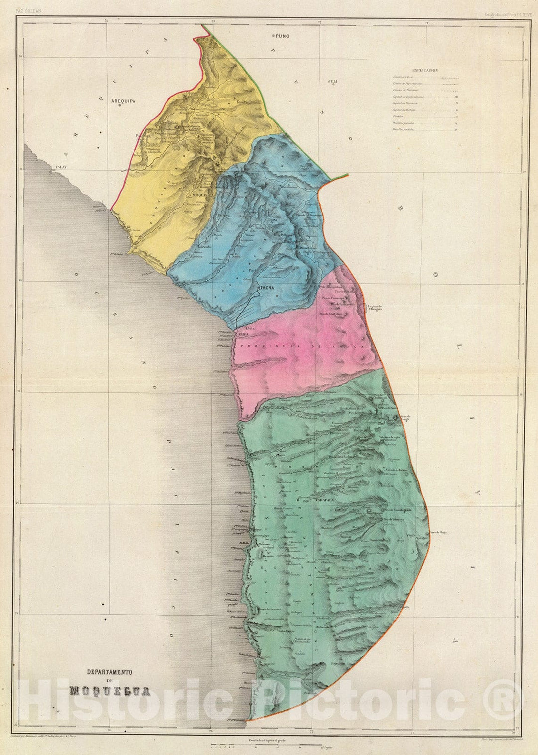 Historic Map : Chile; Peru, Moquegua (Peru : Dept.) 1865 Departamento de Moquegua. , Vintage Wall Art