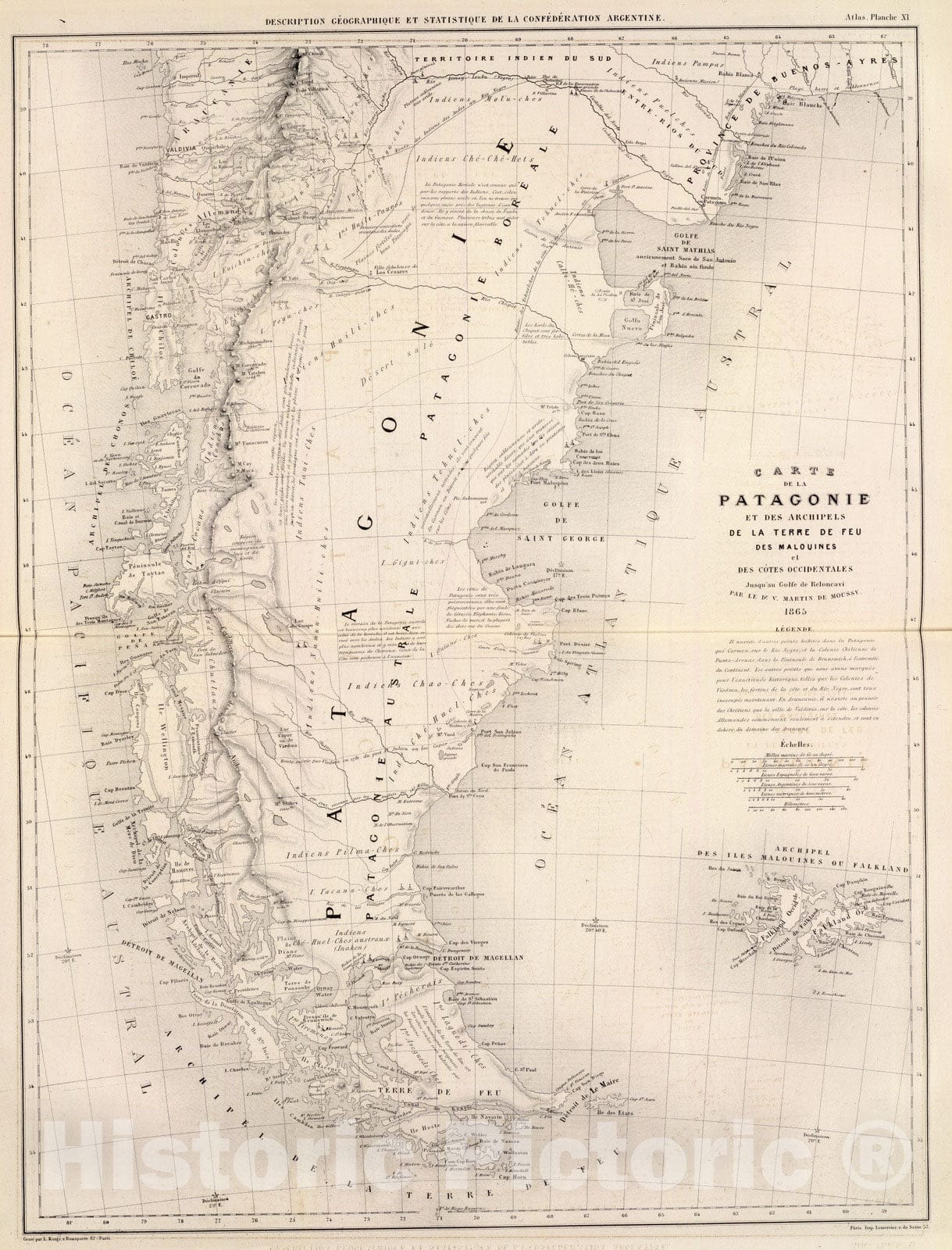 Historic Map : Argentina; Chile, Falkland Islands 1873 Patagonie, Terre de Feu, Malouines. , Vintage Wall Art