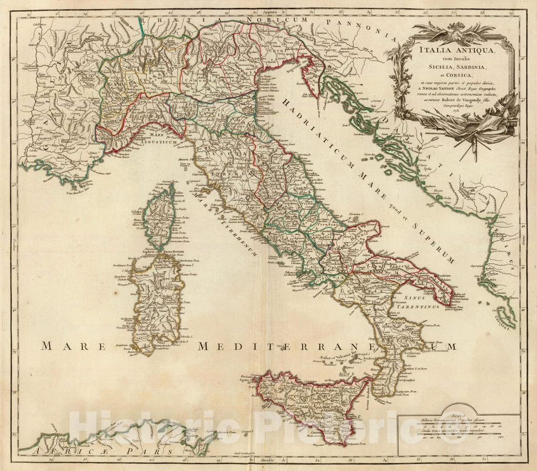 Historic Map : Italy; Slovenia, Corsica 1751 Italia Antiqua, Sicilia, Sardinia, et Corsica. , Vintage Wall Art