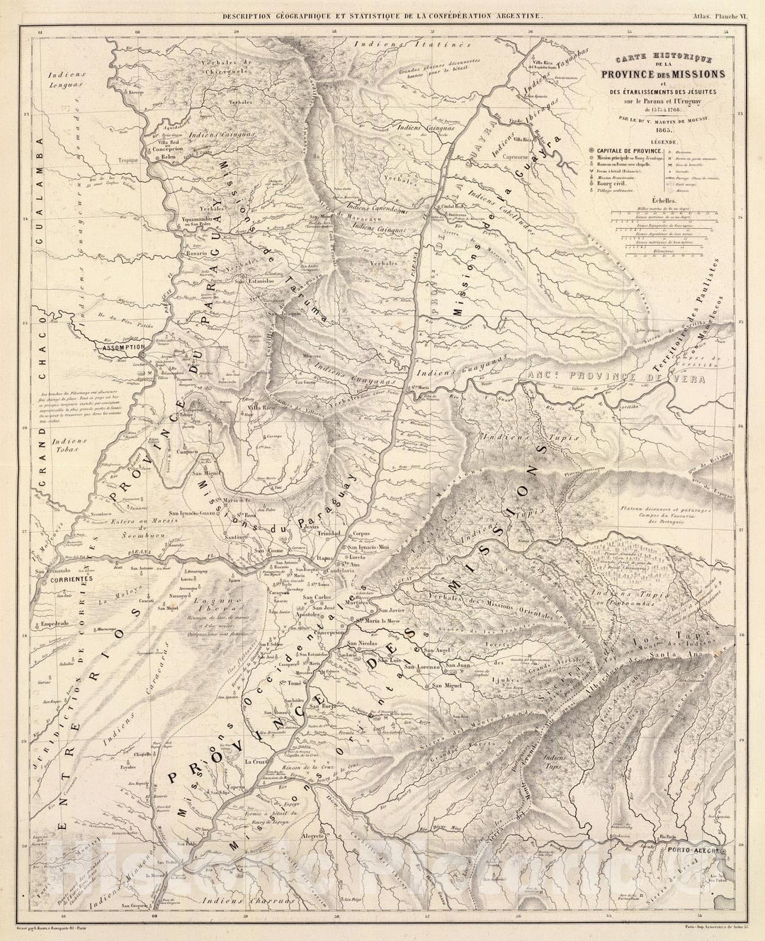 Historic Map : Argentina; Uruguay, , South America 1873 Carte hist, Prov. des Missions, etabl. Jesuites, Parana et l'Uruguay, 1575-1768. , Vintage Wall Art