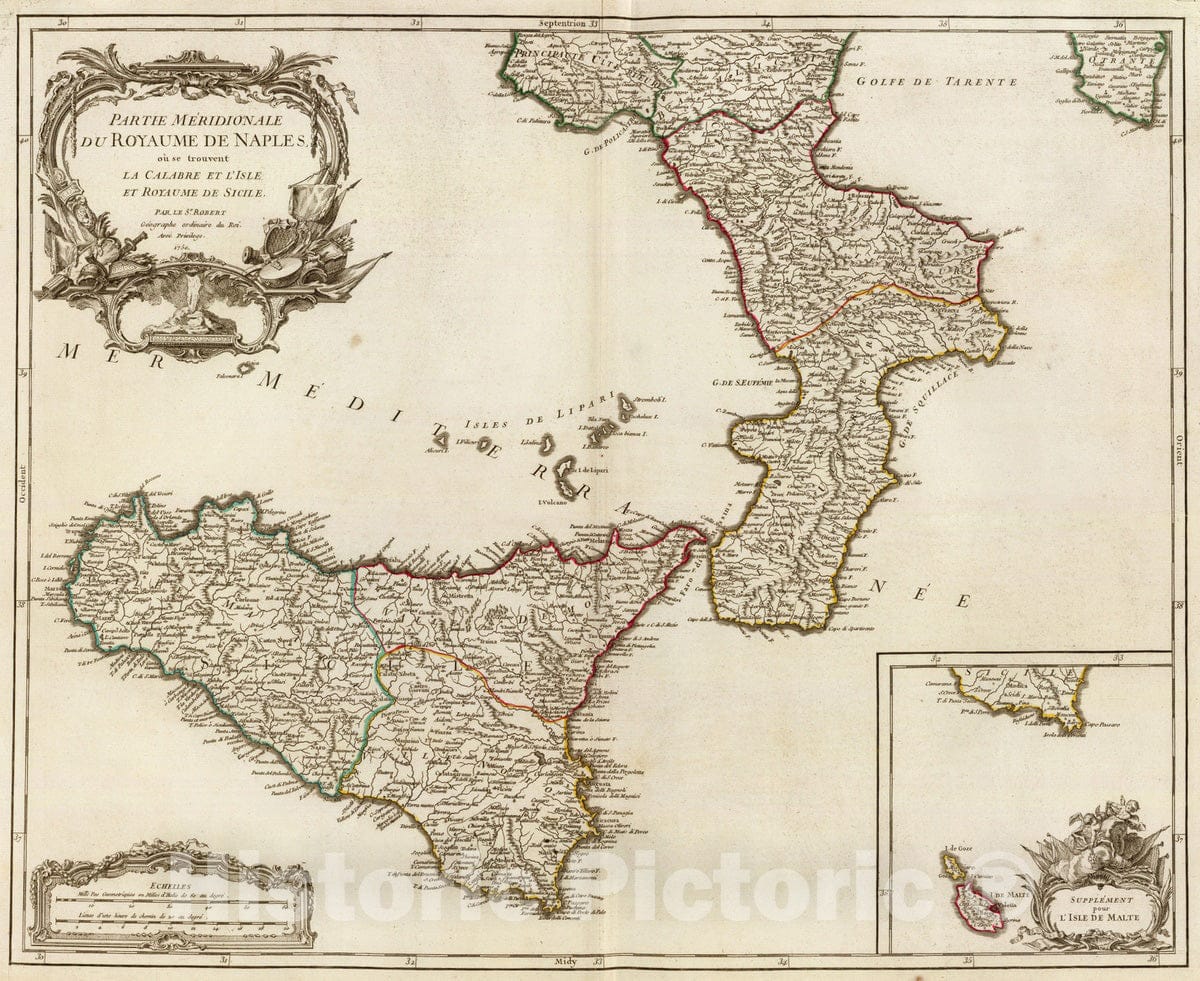 Historic Map : Italy; Malta, Sicily (Italy) 1750 Roy. de Naples sud, Malte. , Vintage Wall Art