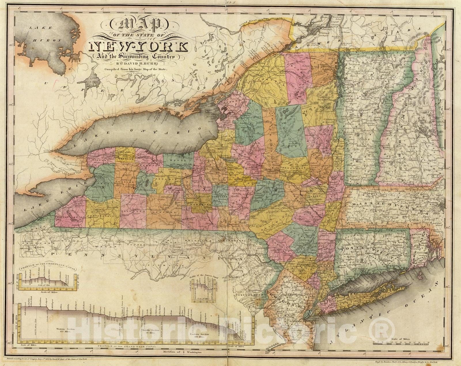 Historic Map : 1832 New-York State, surrounding country. - Vintage Wall Art