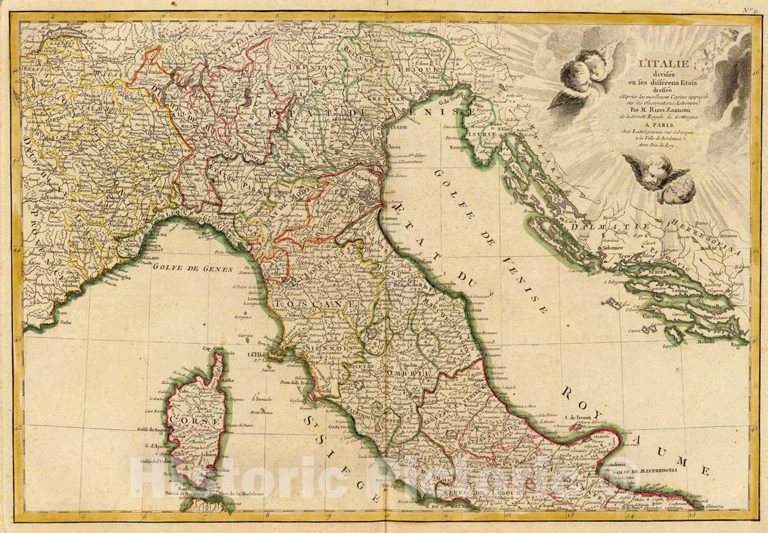 Historic Map : Italy; Slovenia, Corsica , France 1780 L'Italie septentrionale. , Vintage Wall Art