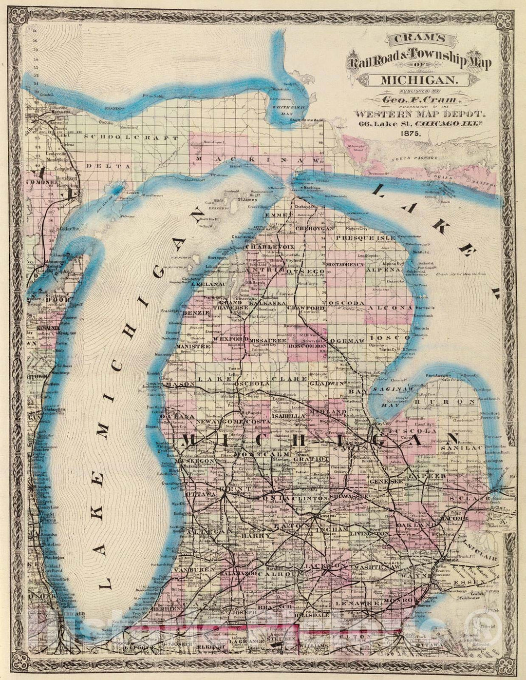 Historic Map : National Atlas - 1875 Michigan. - Vintage Wall Art