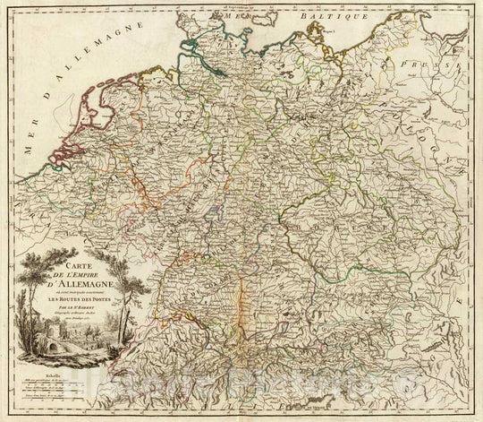 Historic Map : Germany; Poland, Benelux countries, Europe 1757 Allemagne postes. , Vintage Wall Art