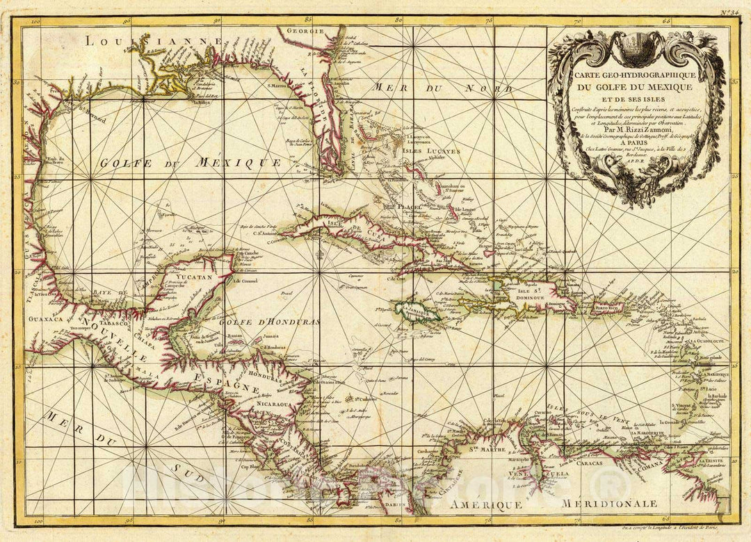 Historic Map : Caribbean Area, West Indies 1762 Golfe du Mexique. , Vintage Wall Art