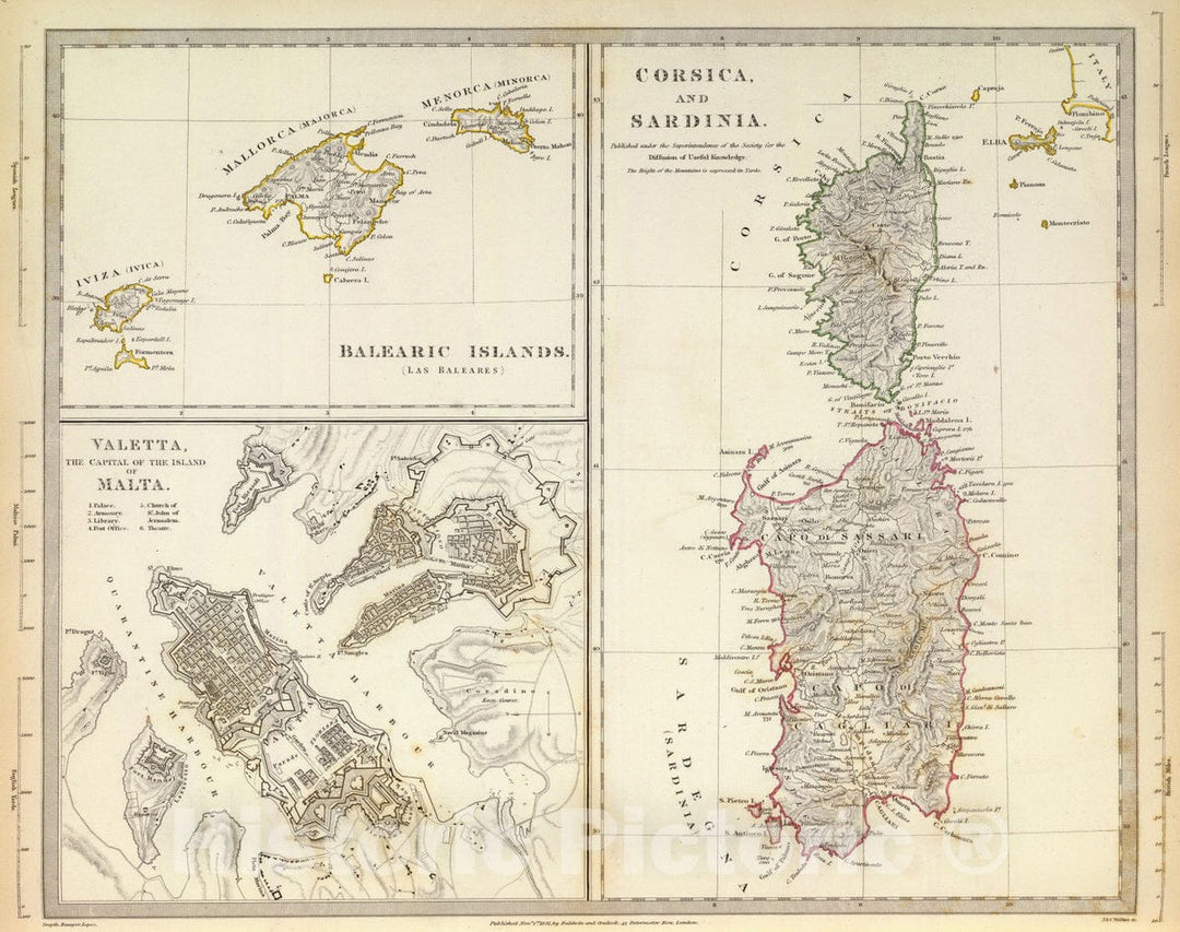 Historic Map : 1831 Corsica, Sardinia, Belearic Islands, Valetta. - Vintage Wall Art