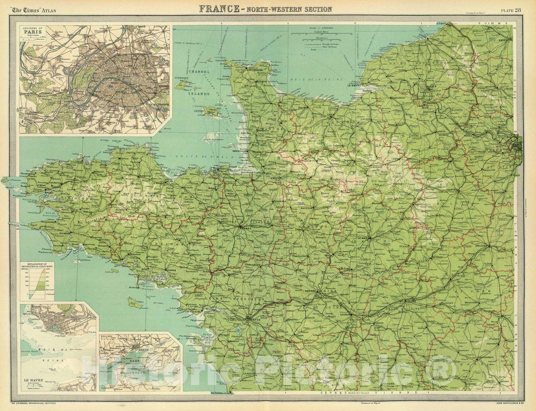 Historic Map - World Atlas - 1922 France - north-western section, environs of Paris. - Vintage Wall Art