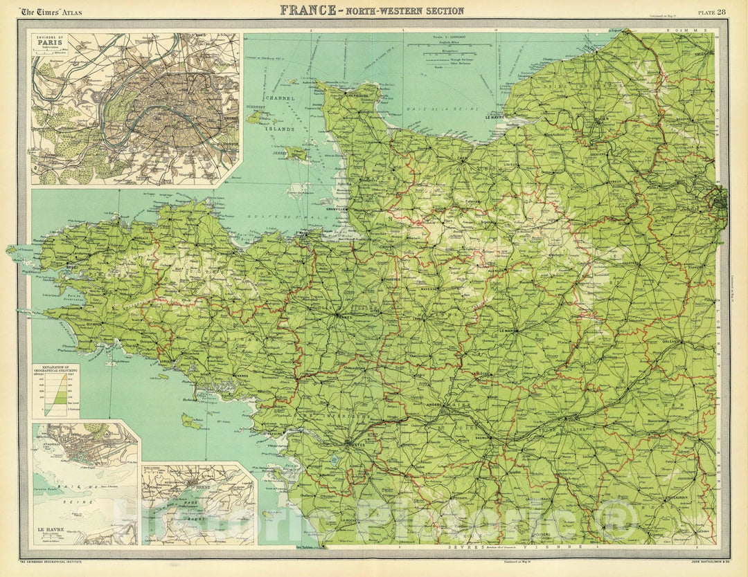 Historic Map - World Atlas - 1922 France - north-western section, environs of Paris. - Vintage Wall Art