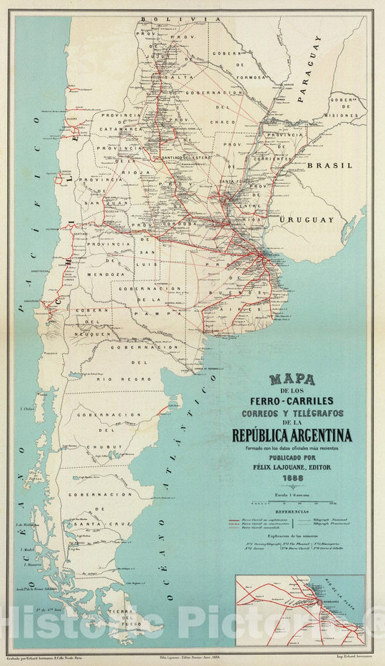 Historic Map : Argentina, 1888 Ferro-carriles, correos y telegrafos, Republica Argentina. , Vintage Wall Art