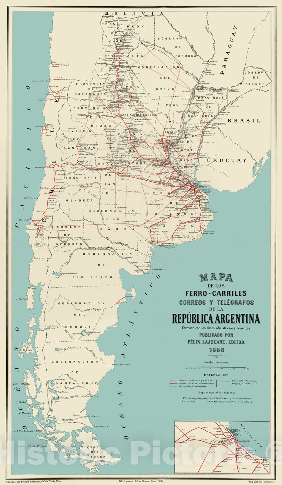 Historic Map : Argentina, 1888 Ferro-carriles, correos y telegrafos, Republica Argentina. , Vintage Wall Art