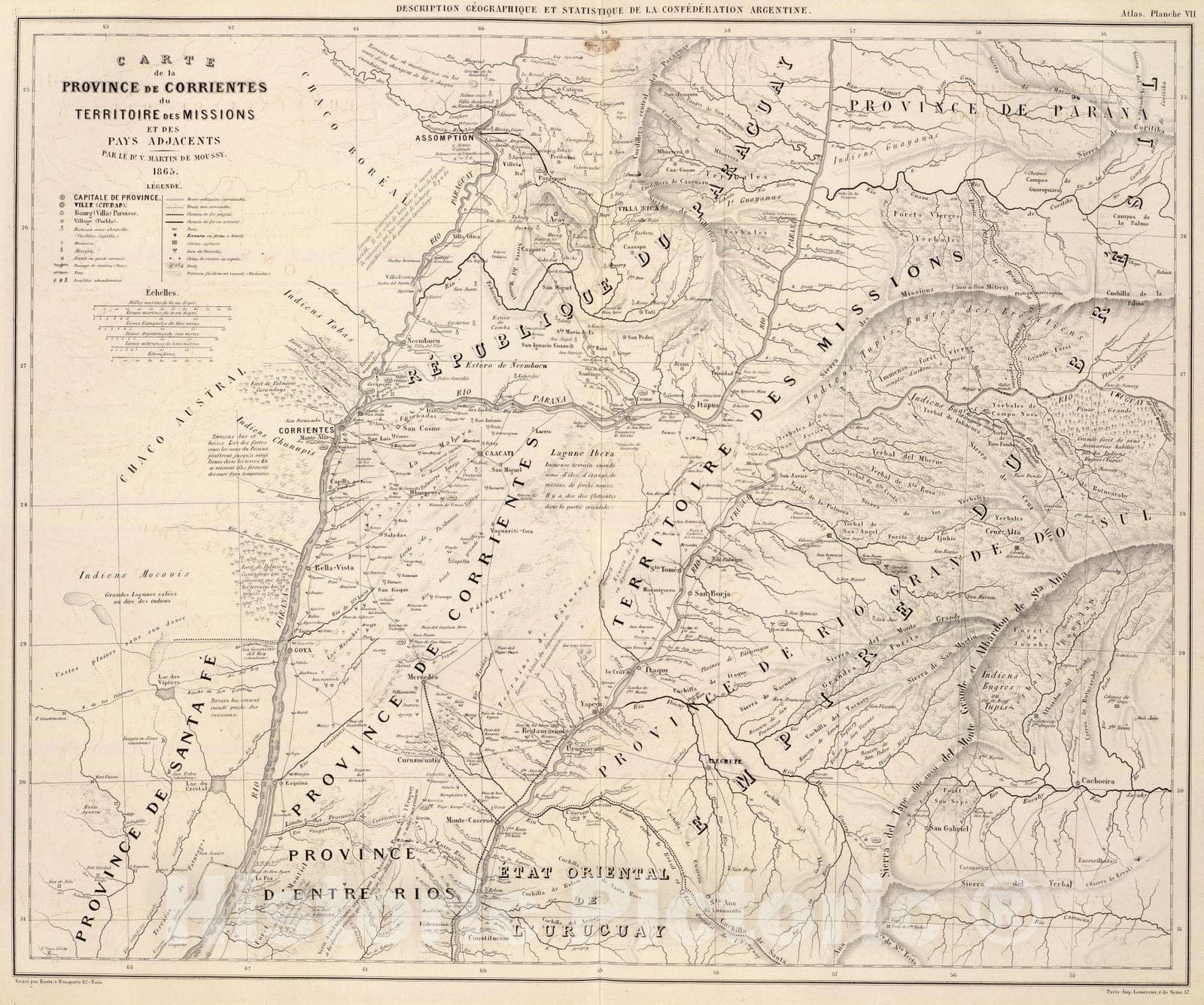 Historic Map : Argentina; Paraguay, Corrientes (Argentina : Province) 1873 Carte, Prov. de Corrientes, Terr. des Missions, pays adjacents. , Vintage Wall Art