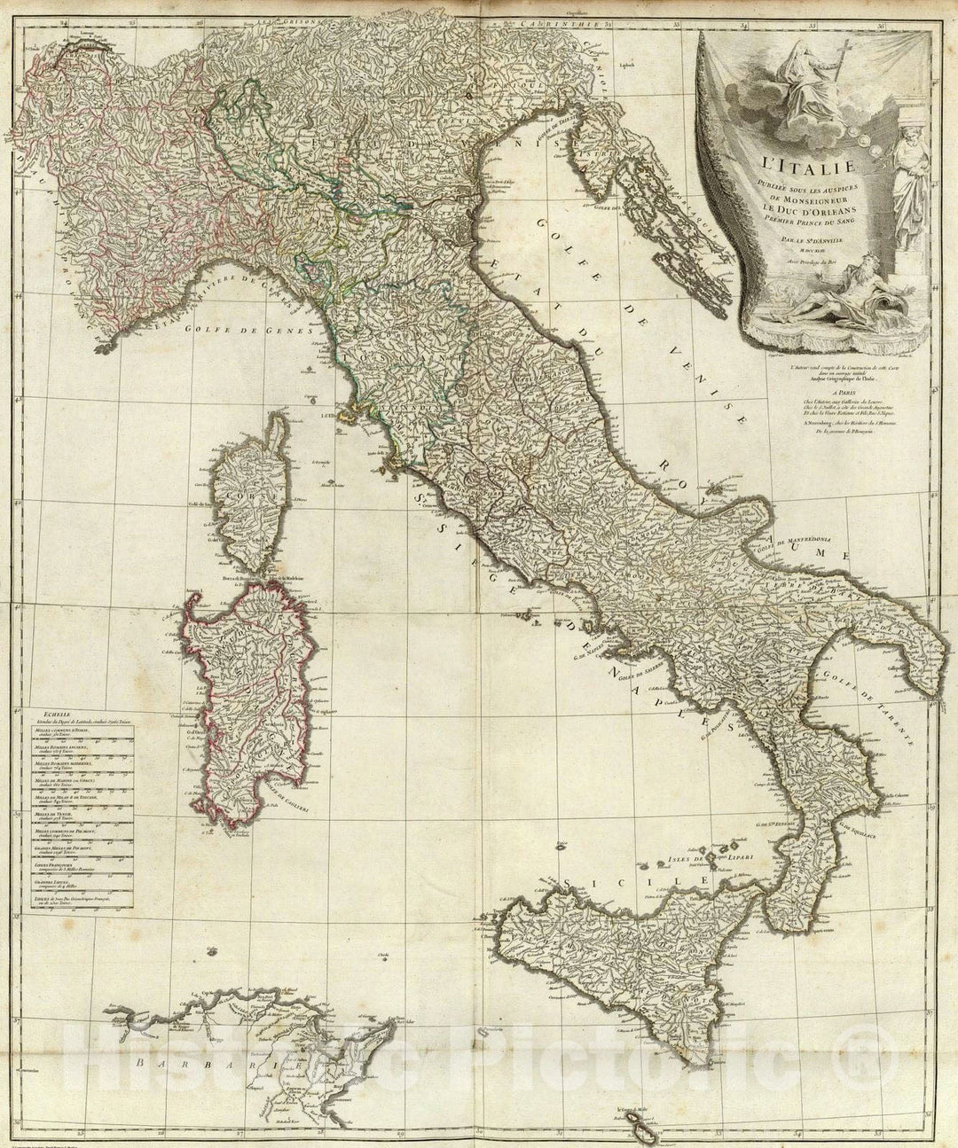 Historic Map : Italy; Malta, Corsica 1743 L'Italie. , Vintage Wall Art