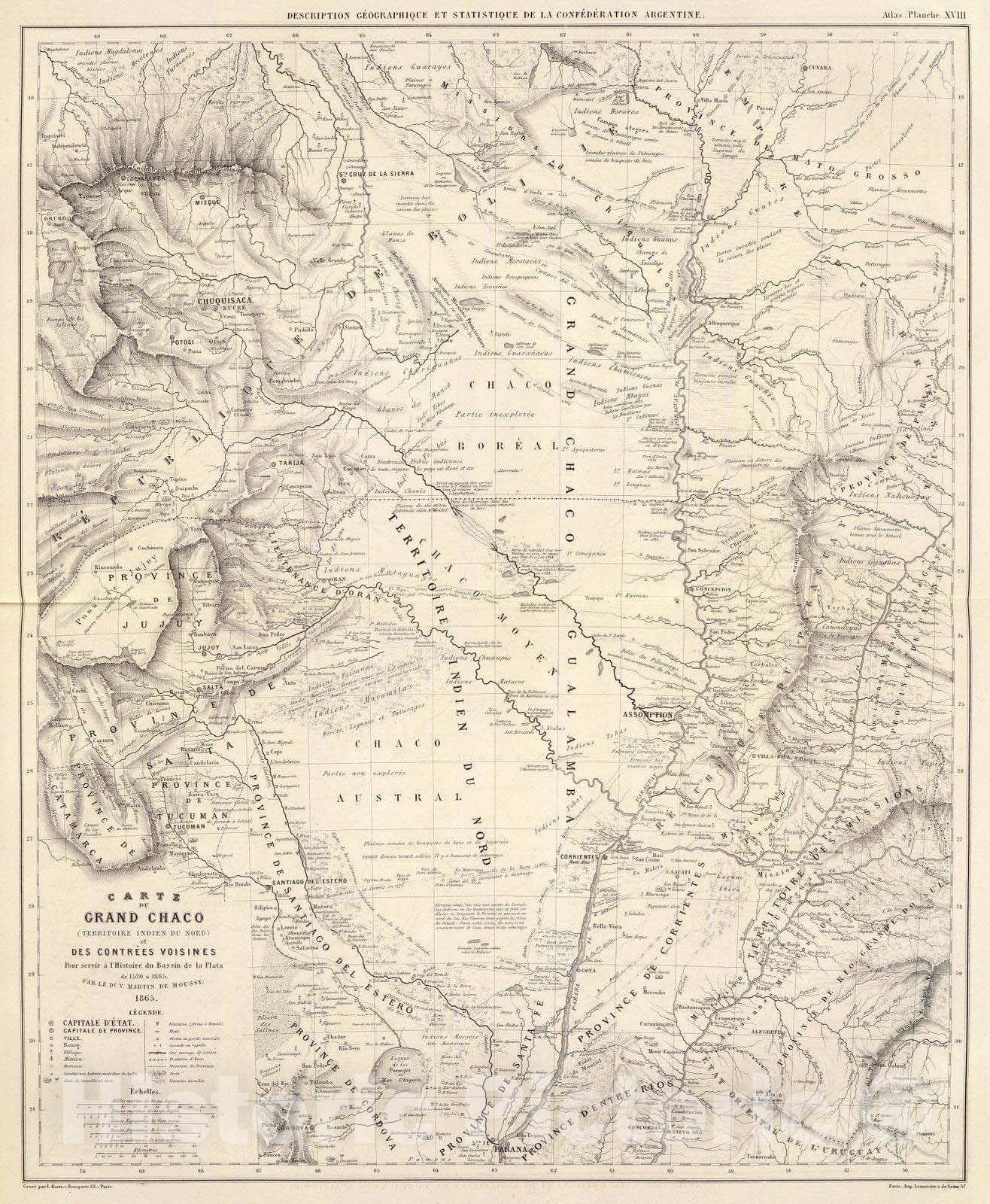 Historic Map : Argentina; Paraguay, 1873 Carte du Grand Chaco et contrees voisines. , Vintage Wall Art