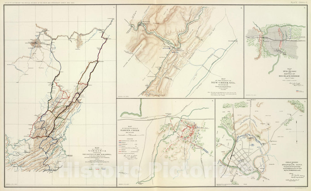 Historic Map : Military Atlas - 1895 Virginia, Averell routes. - Vintage Wall Art