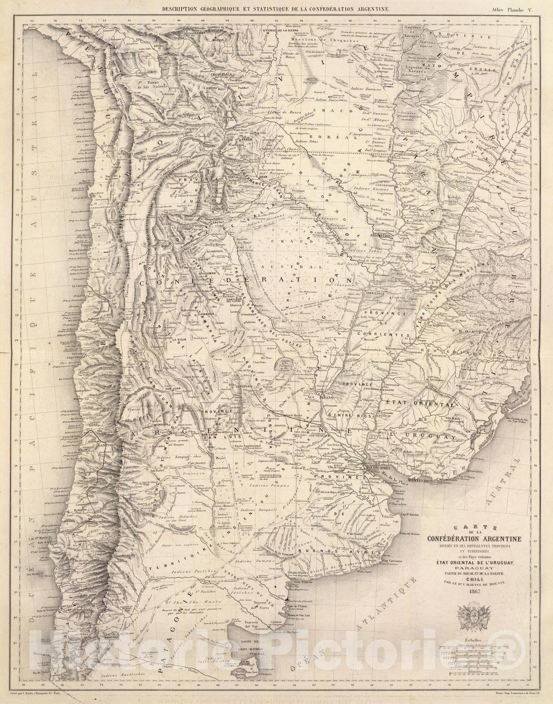 Historic Map : Argentina; Uruguay, , South America 1873 Carte de la Confederation Argentine. , Vintage Wall Art