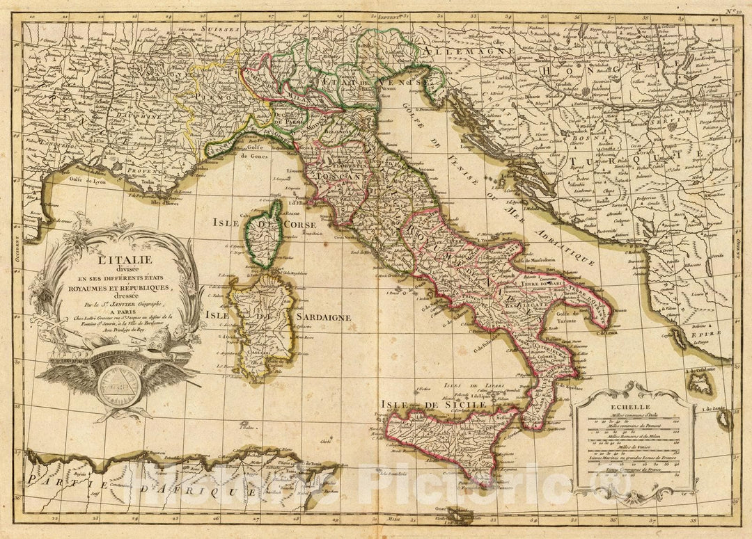 Historic Map : Italy, 1780 L'Italie. , Vintage Wall Art