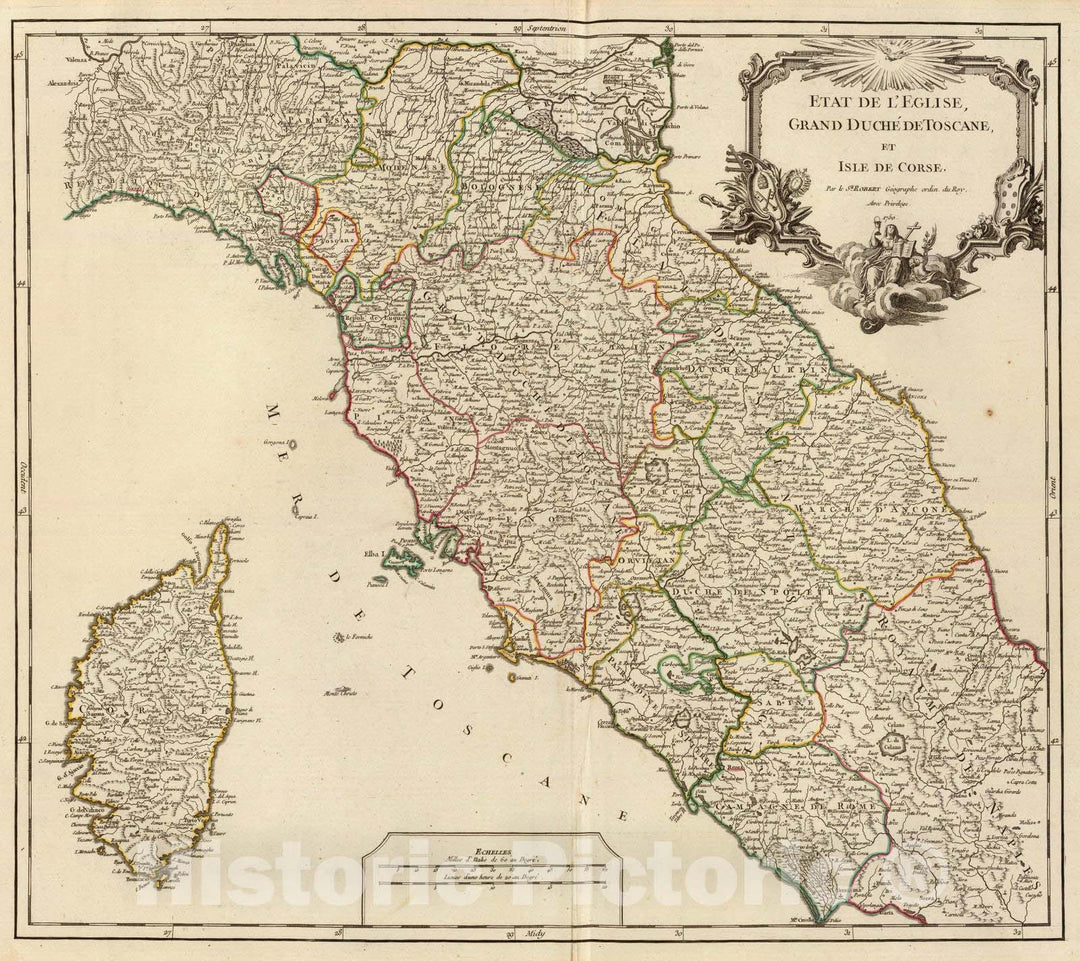 Historic Map : Italy, 1750 Etat de l'Eglise, Toscane et Corse. , Vintage Wall Art