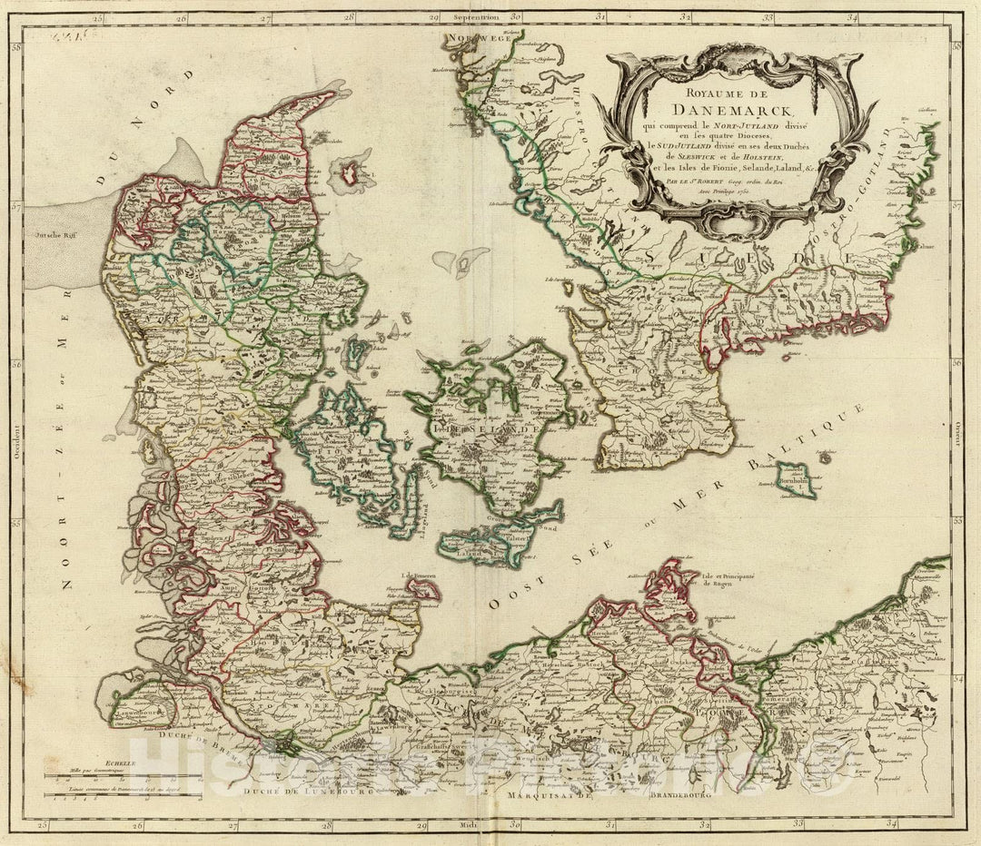 Historic Wall Map : Denmark; Sweden, 1750 Danemarck. , Vintage Wall Art