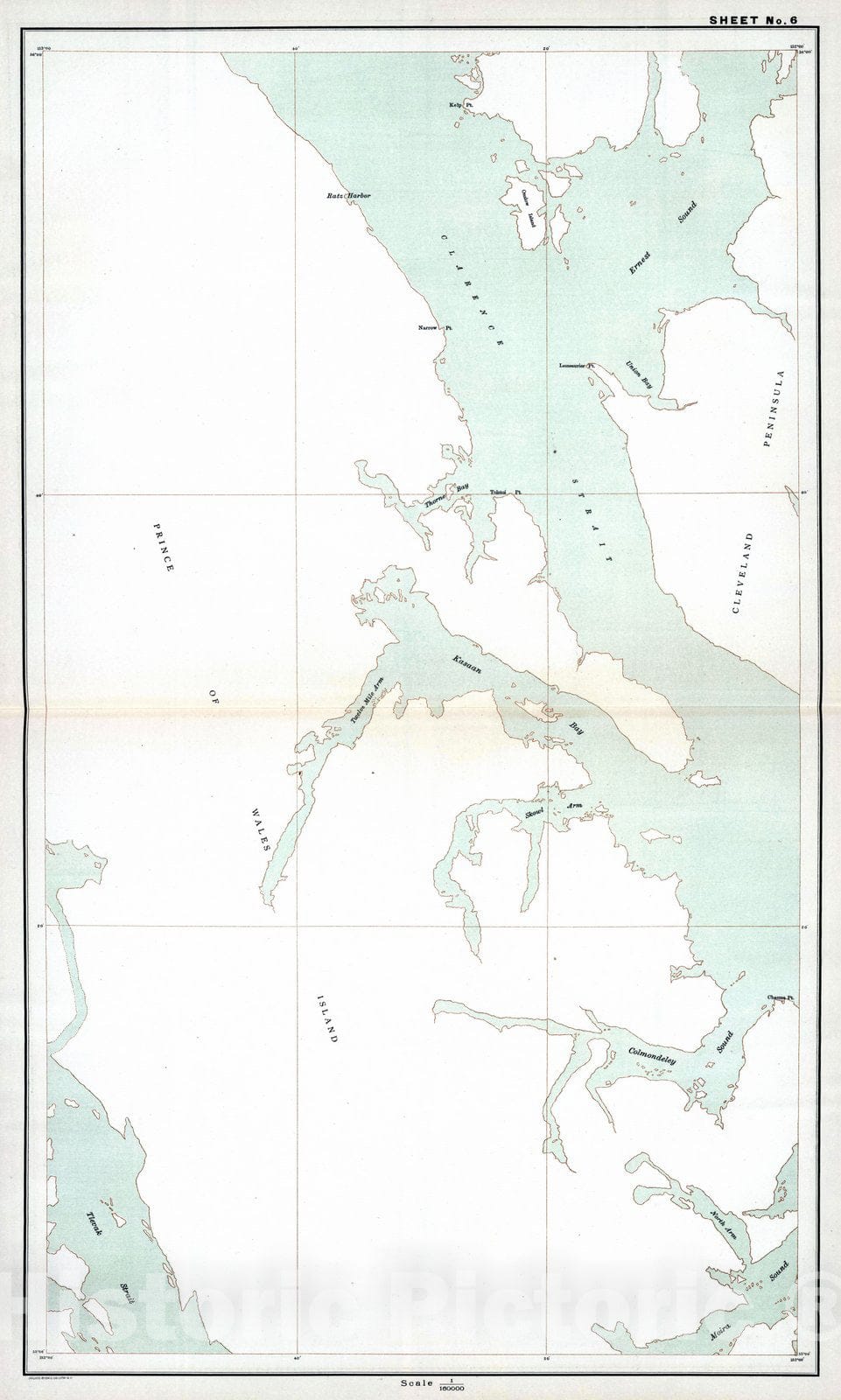 Historic Map : 1904 Sheet No. 6. (Clarence Strait, Kasaan Bay, Wales Island, Tlevak Strait). - Vintage Wall Art