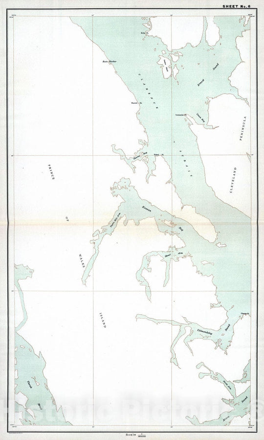 Historic Map : 1904 Sheet No. 6. (Clarence Strait, Kasaan Bay, Wales Island, Tlevak Strait). - Vintage Wall Art