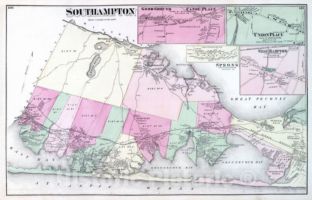 Historic Map : 1873 Good Ground, Canoe Place, Union Place, Speonk, West Hampton, in Southampton. Long Island. - Vintage Wall Art