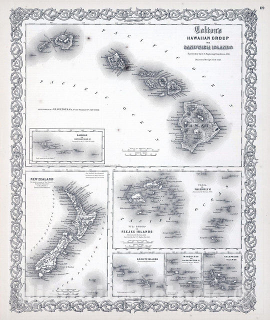 Historic Map : 1865 Hawaiian Group or Sandwich Islands. New Zealand. Viti Group of Feejee Islands. Tonga or Friendly Islands. - Vintage Wall Art