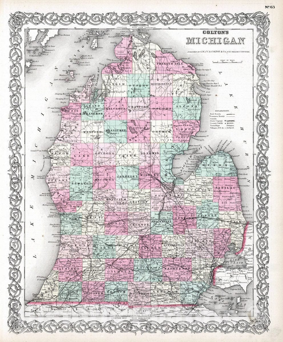 Historic Map : 1869 Michigan. - Vintage Wall Art