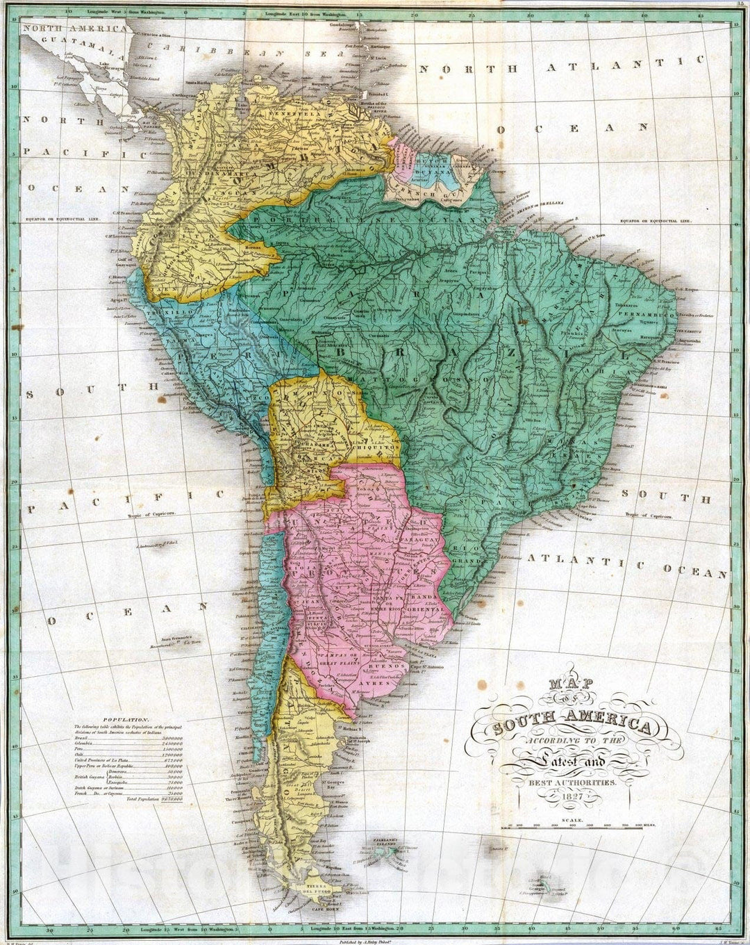 Historic Wall Map : National Atlas - 1827 South America. - Vintage Wall Art