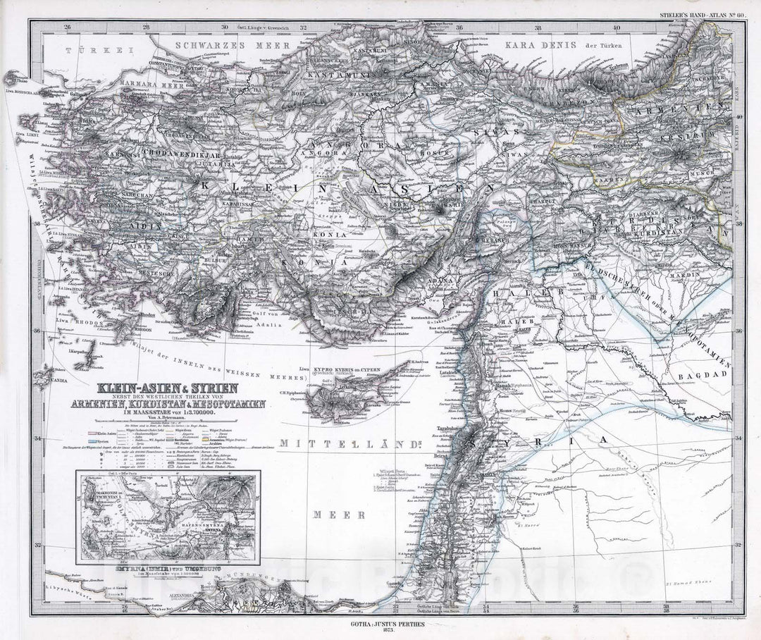 Historic Map : Israel; Turkey; Syria, Cyprus 1873 Klein-Asien & Syrien, Armenien, Kurdistan & Mesopotamien. (Turkey, Syria, Iraq, Israel). , Vintage Wall Art