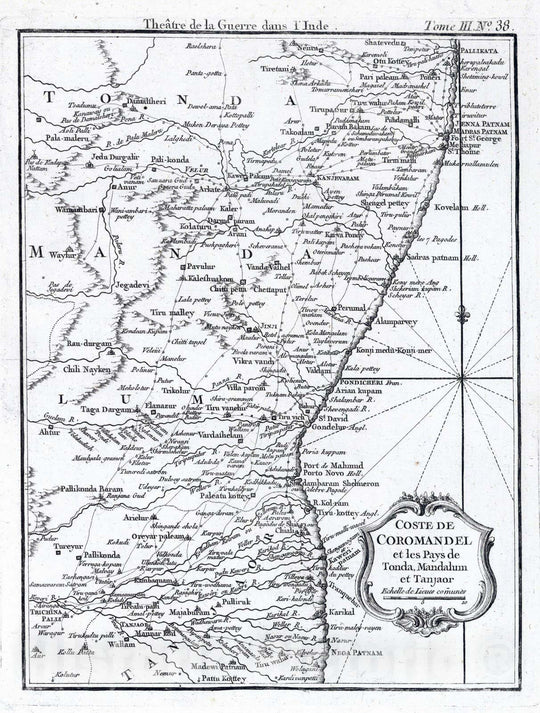 Historic Map : India, , Asia 1764 Coste de Coromandel et les pays de Tonda, Mandalum et Tanjaor , Vintage Wall Art