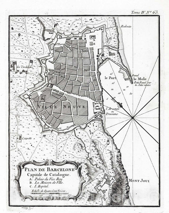 Historic Map : Spain , Barcelona (Spain), Mediterranean Region, Europe 1764 Plan de Barcelone, Capitale de Catalogne , Vintage Wall Art