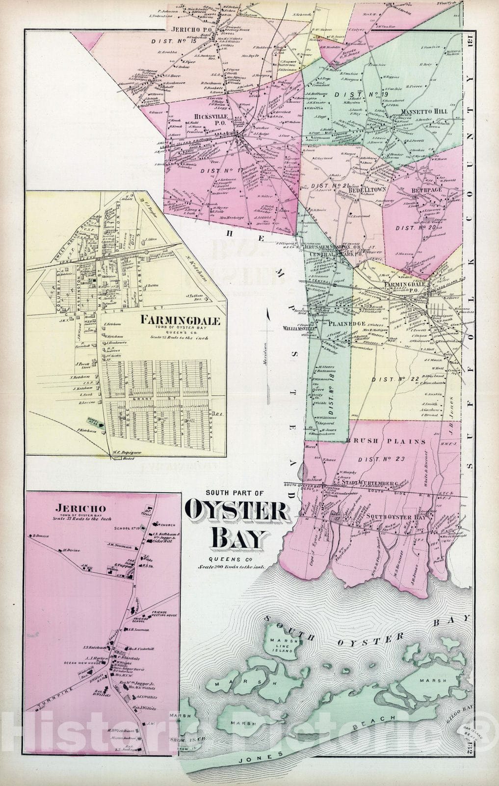 Historic Wall Map : 1873 South Part of Oyster Bay, Farmingdale, Jericho, in Oyster Bay. Long Island. - Vintage Wall Art