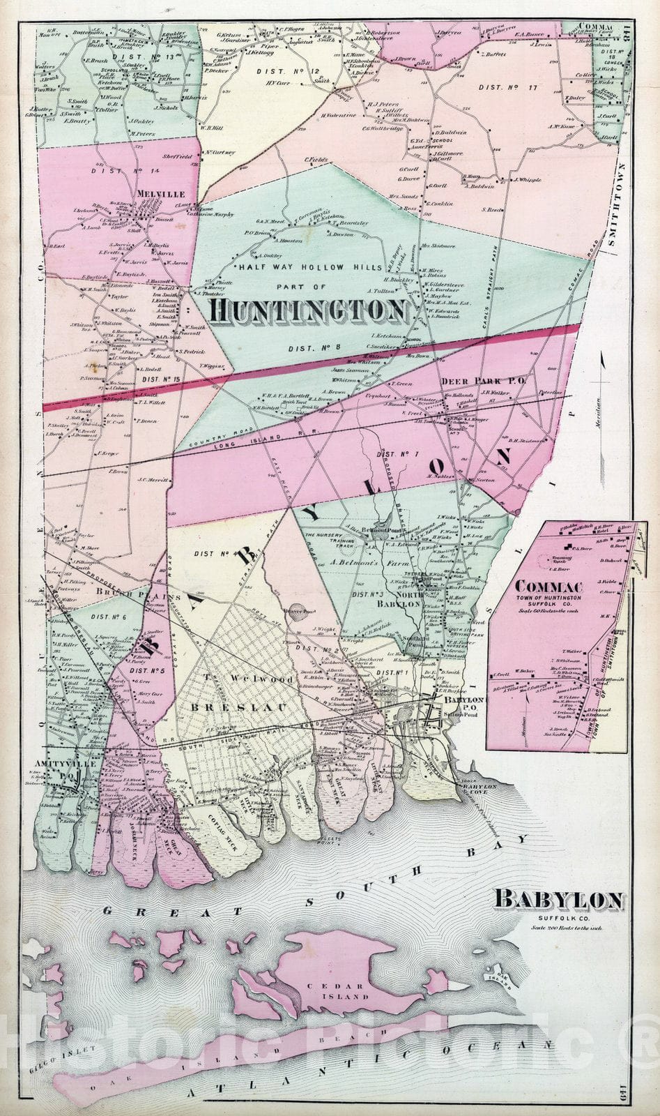 Historic Map : 1873 Half Way Hollow Hills, Babylon, Commac, in Huntington. Long Island. - Vintage Wall Art