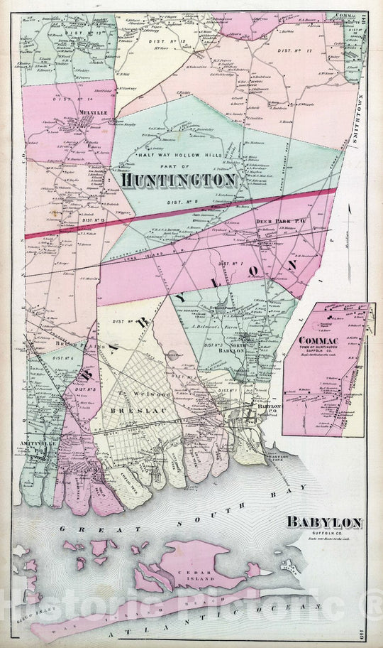 Historic Map : 1873 Half Way Hollow Hills, Babylon, Commac, in Huntington. Long Island. - Vintage Wall Art