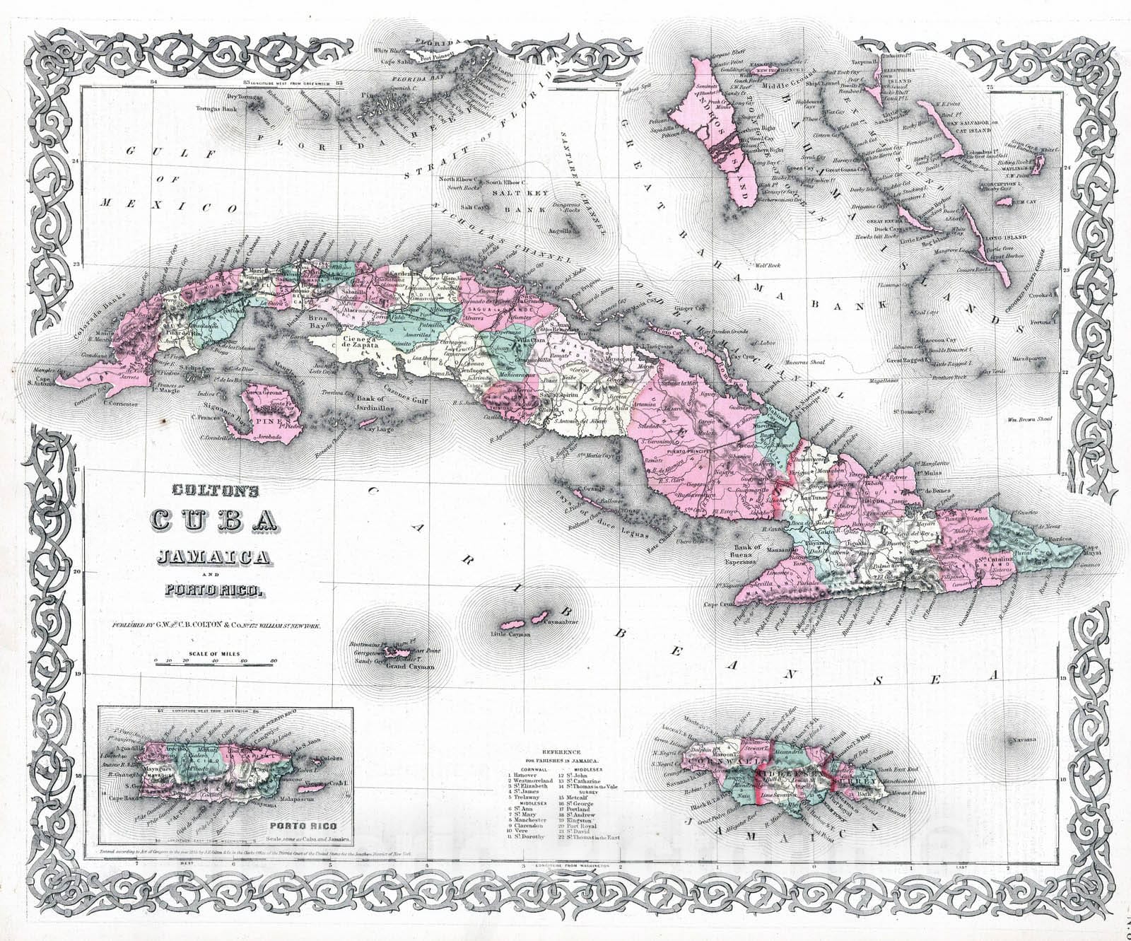 Historic Map : 1869 Cuba, Jamaica and Puerto Rico. - Vintage Wall Art