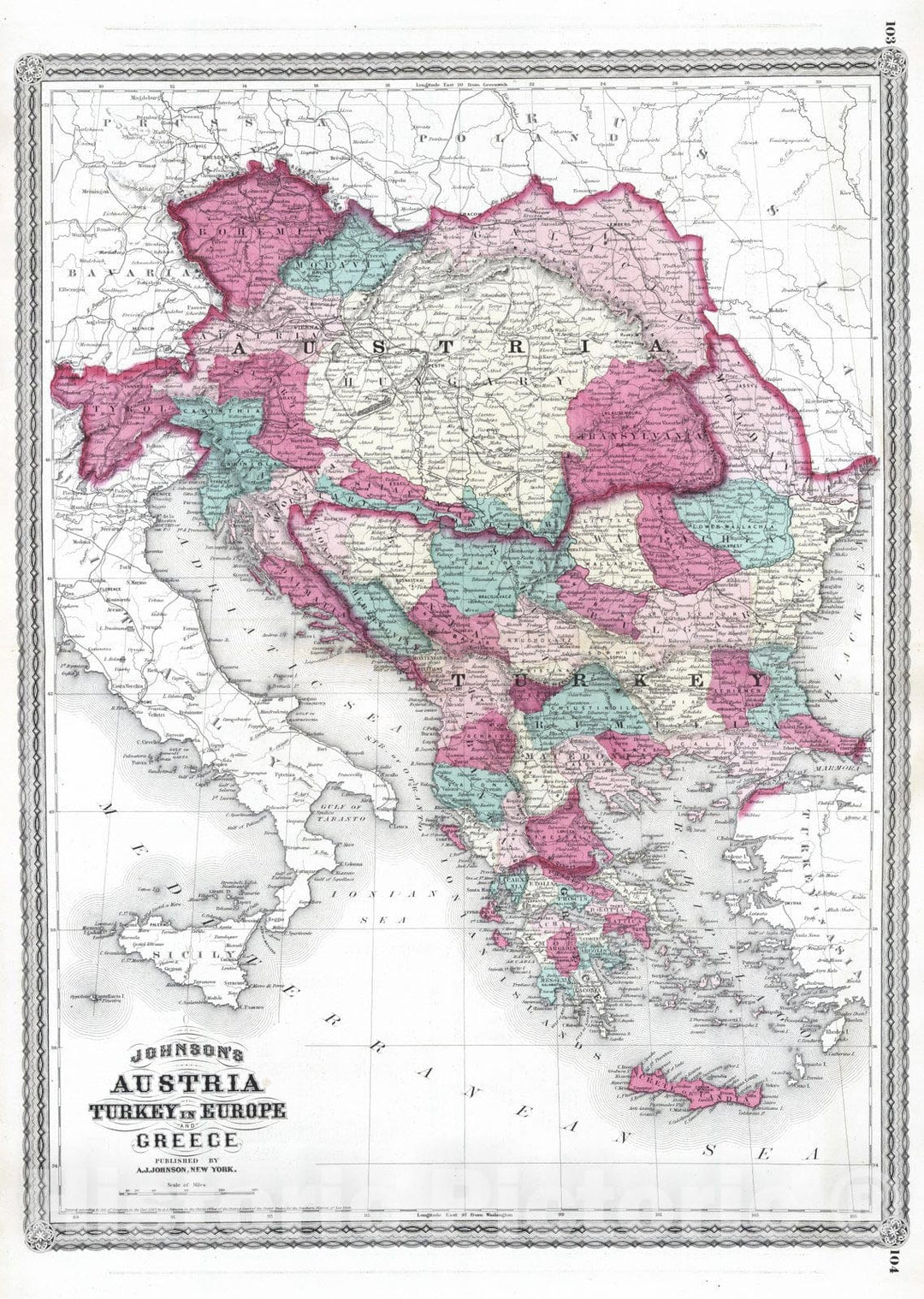 Historic Map : 1870 Austria, Turkey in Europe, and Greece. - Vintage Wall Art