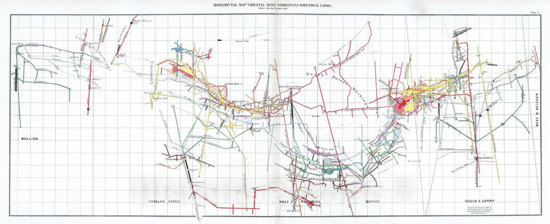 Historic Map : Geologic Atlas - 1870 Plate 4. Horizontal Map Virginia Mines Workings, Comstock Lode. - Vintage Wall Art