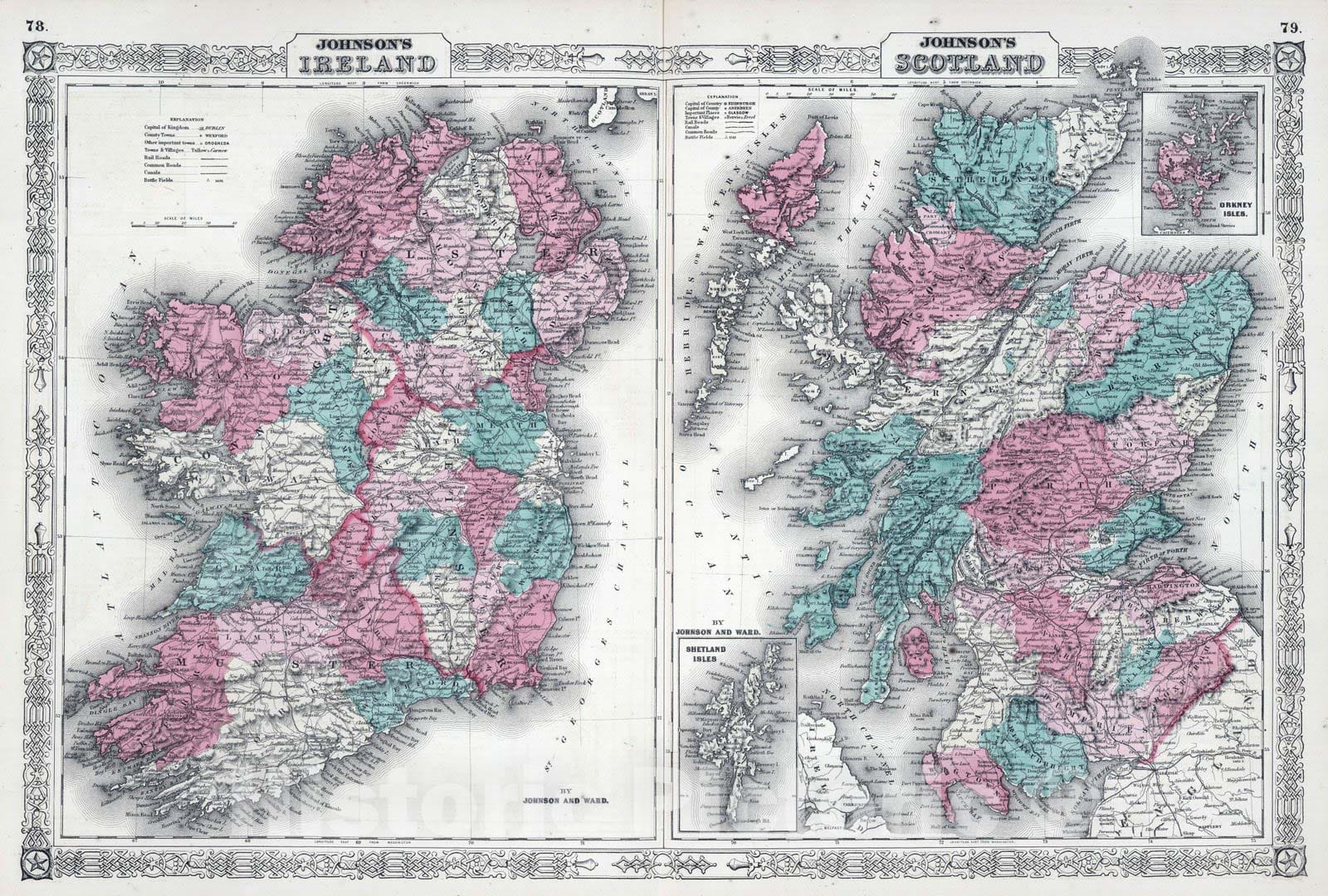 Historic Map : 1865 Ireland, Scotland. - Vintage Wall Art