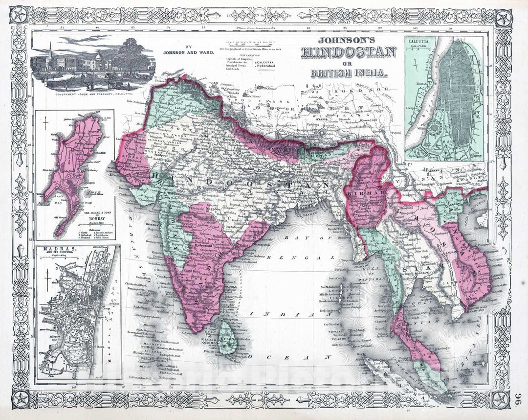 Historic Map : India; Thailand; Vietnam; Myanmar, 1865 Hindostan Or British India. , Vintage Wall Art