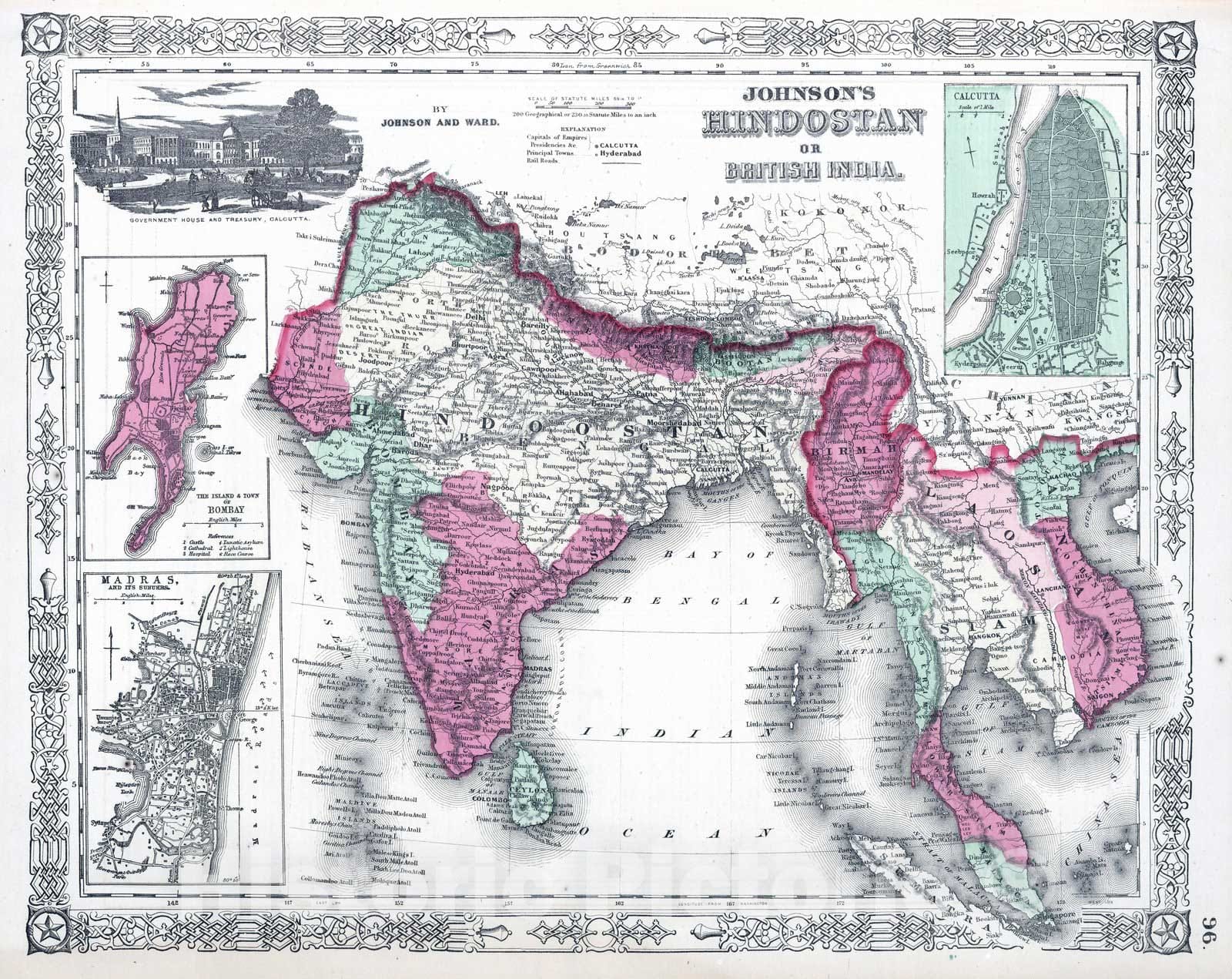 Historic Map : India; Thailand; Vietnam; Myanmar, 1865 Hindostan Or British India. , Vintage Wall Art