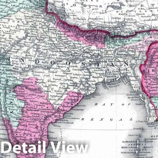 Historic Map : India; Thailand; Vietnam; Myanmar, 1865 Hindostan Or British India. , Vintage Wall Art