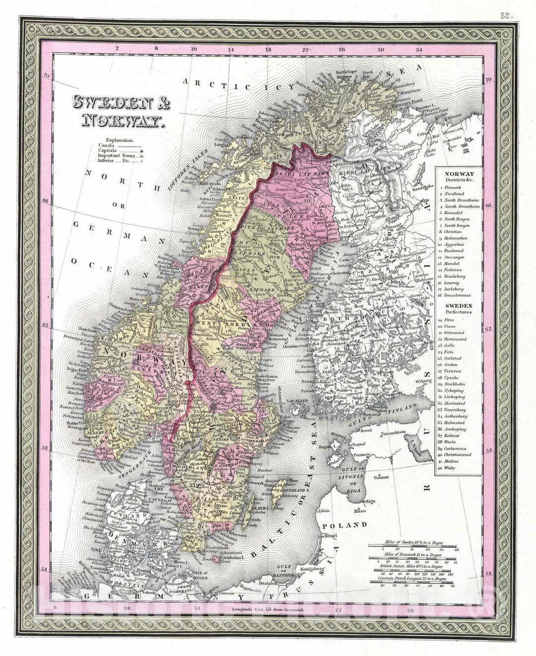 Historic Map : 1849 Sweden and Norway - Vintage Wall Art