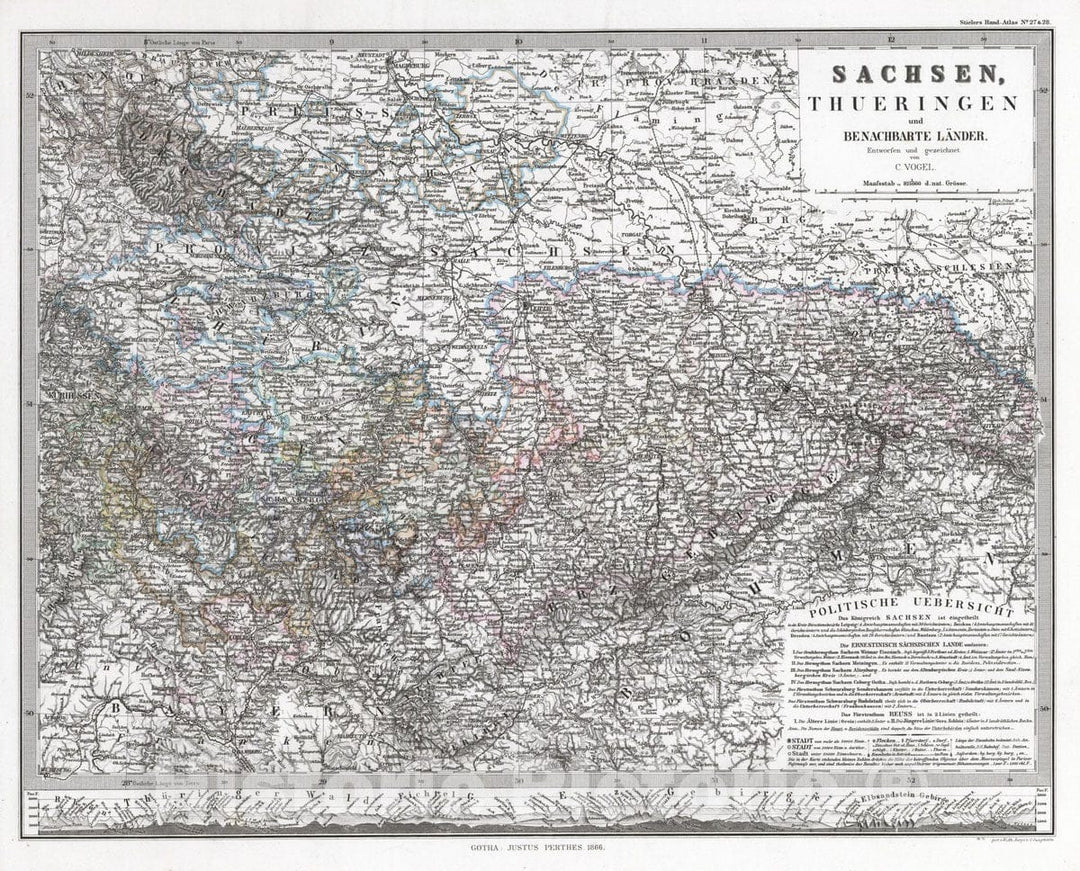 Historic Map : Germany, 1866 Sachsen, Thuringen und Benachbarte Laender. (Saxony, Thuringen and Neighboring Countries). , Vintage Wall Art